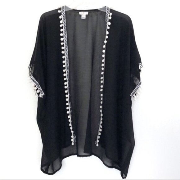 C Brand Black Kimono with Poms One Size - Picture 1 of 6